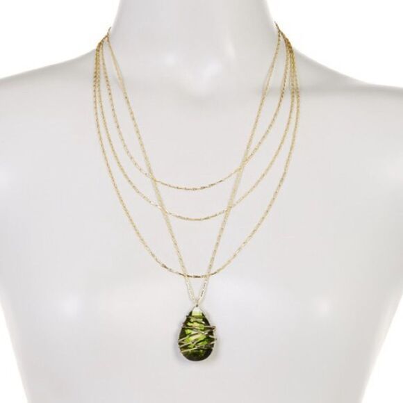 Peridot Green Crystal Pendant MultiStrand Necklace 14K Gold Wrapped Teardrop NEW - Picture 2 of 7
